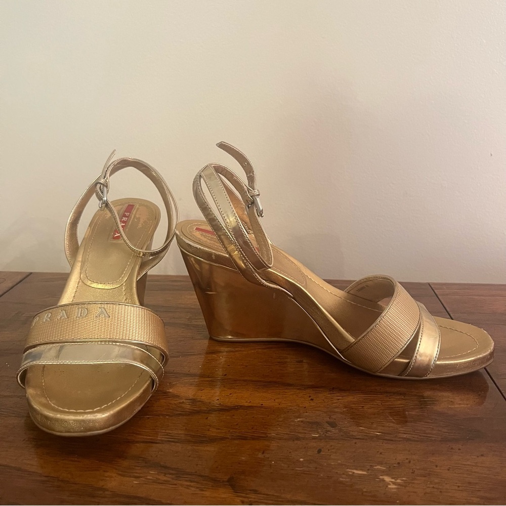 Gold Prada Wedges